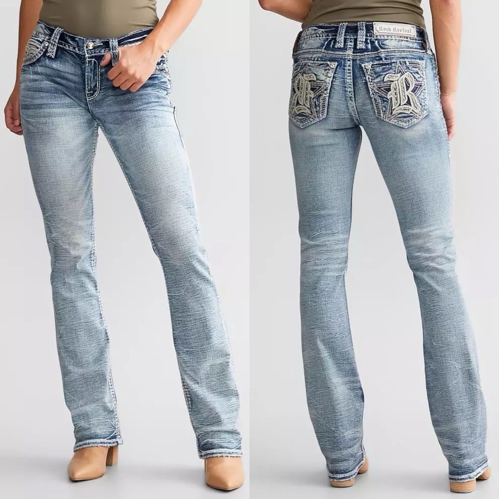 Rock Revival Saoirse Boot Stretch Jeans Low Rise Light Wash 27 Embroidered Y2K